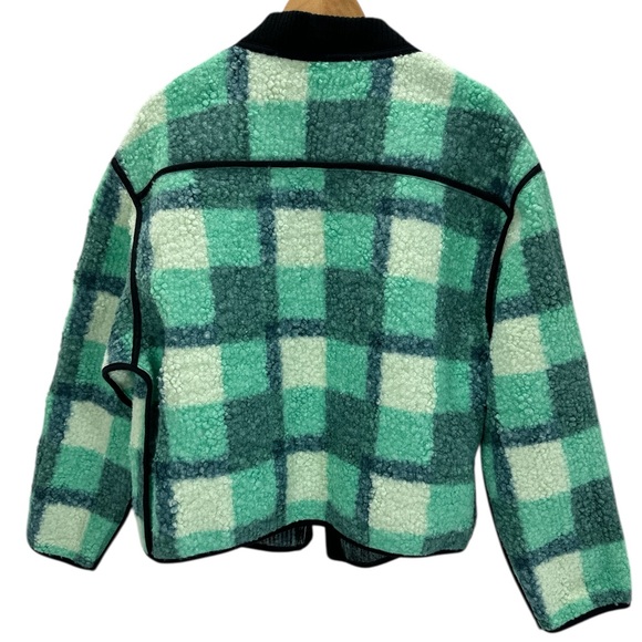 Highland Park Textured Plaid Sherpa Jacket Green Black Trim Streetwear Grunge L - Picture 3 of 10